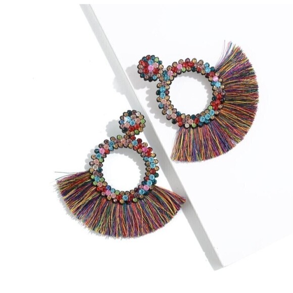 Multicolor Rhinestone Drop Earrings Tassels Fringe Formal Rainbow Colorful Club - Picture 1 of 7